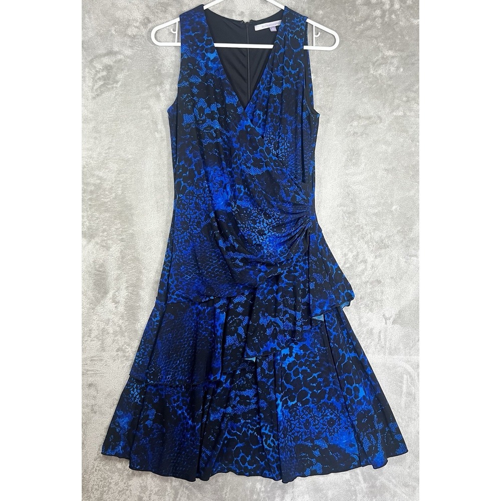 Carmen Marc Valvo Luxe dress Size 10 Pleated Evening Gown floral back & blue‎